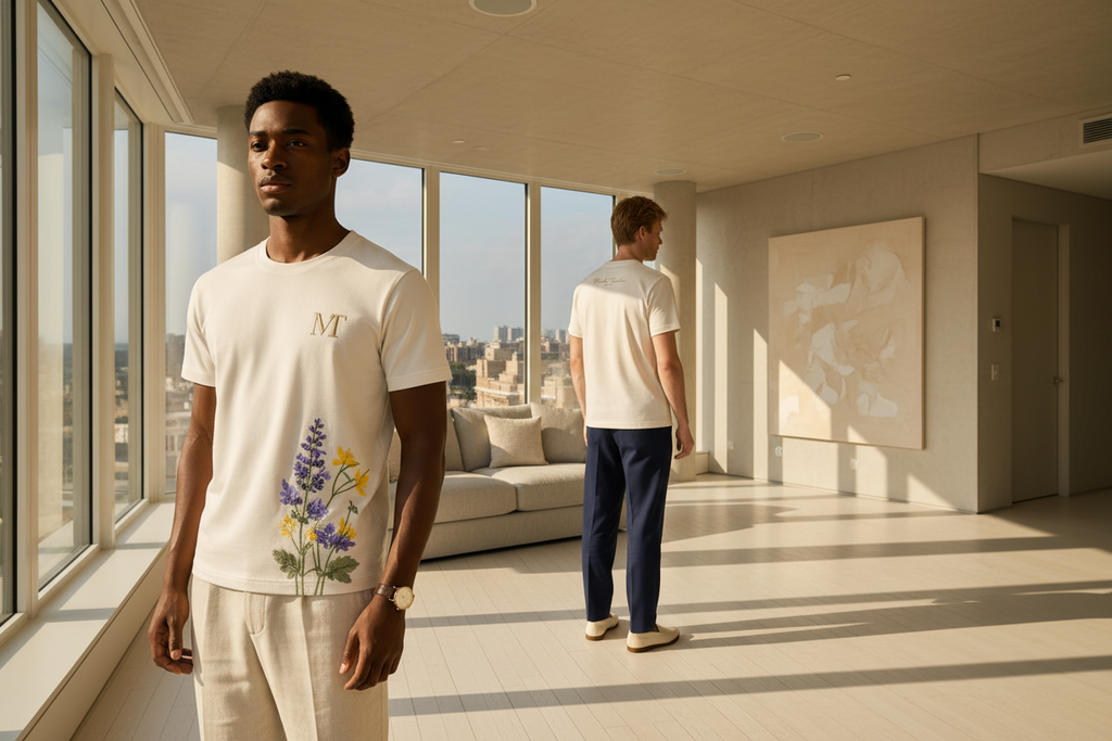 Man wearing a white t-shirt with floral design, product details, and brand information.