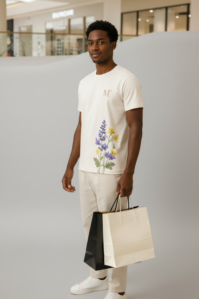 Man wearing a white t-shirt with floral design, product details, and brand information.