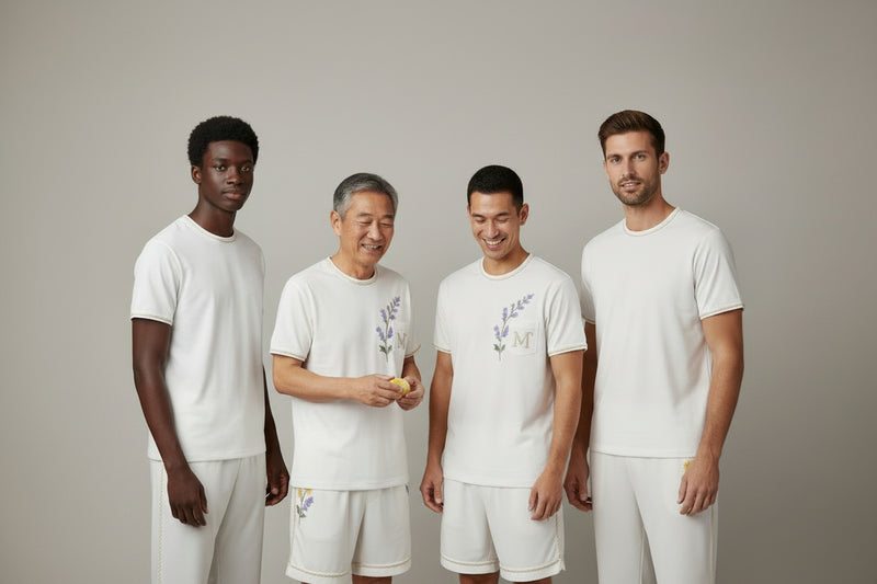 Floral-rope pajama pants, shorts, and t-shirt with color palette and details on a black background