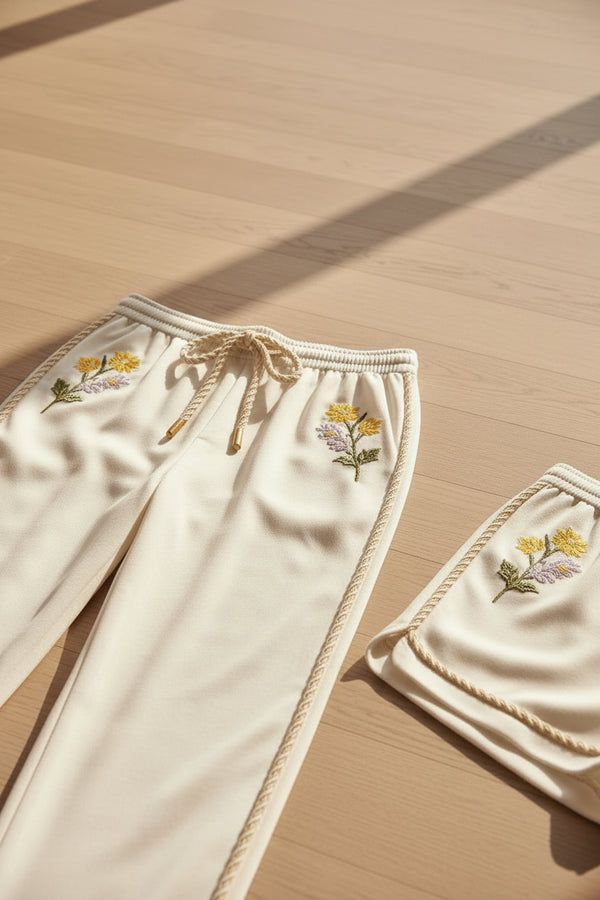 White pajama set with floral embroidery on a beige background
