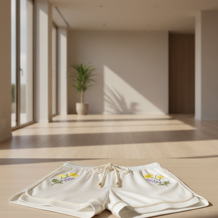 Manolo Theodoro men's loungewear collection with floral designs on a neutral background