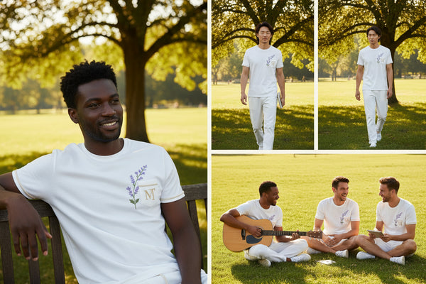 Manolo Theodoro men's loungewear collection with floral designs on a neutral background