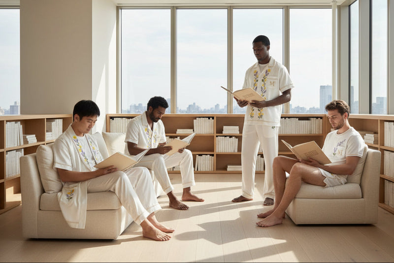 Manolo Theodoro men's loungewear collection with floral designs on a neutral background