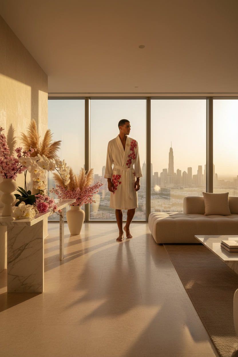 White robe with pink floral embroidery on a light gray background