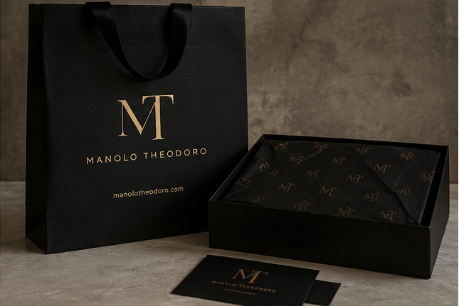 Manolo Theodorou brand collage featuring clothing, bags, and accessories with logo.