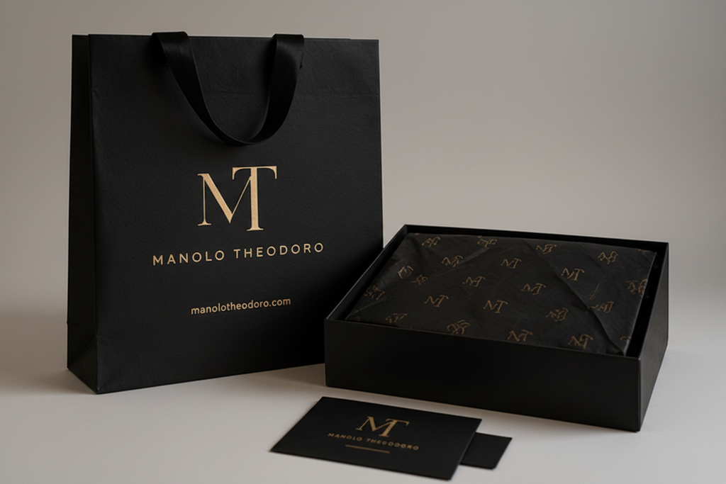 Manolo Theodorou brand collage featuring clothing, bags, and accessories with logo.