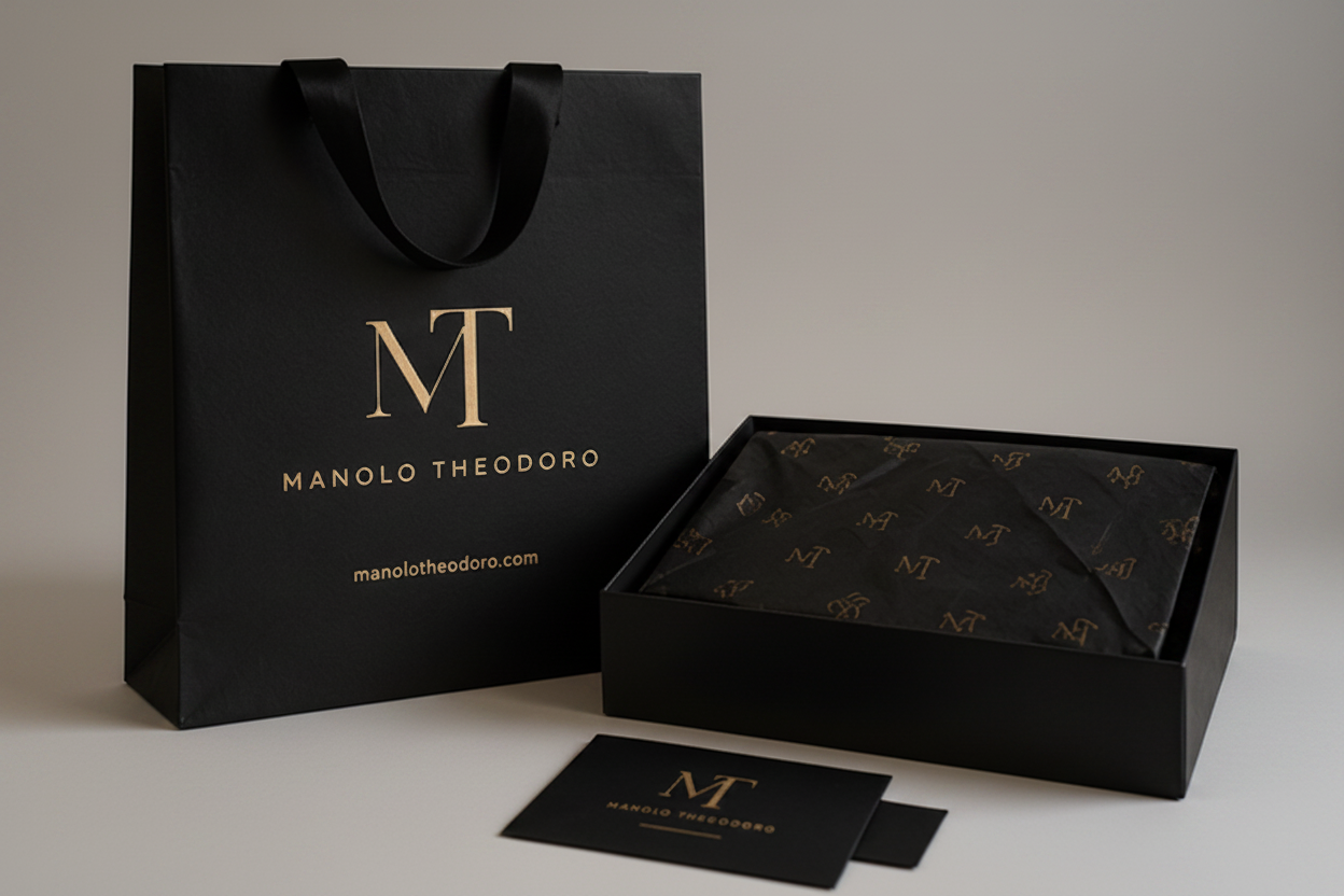 Manolo Theodorou brand collage featuring clothing, bags, and accessories with logo.