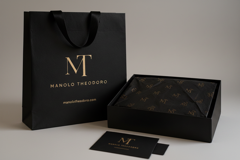Manolo Theodorou brand collage featuring clothing, bags, and accessories with logo.