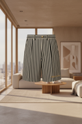 Technical pack for black and white striped shorts with details on fabric, construction, and measurements.
