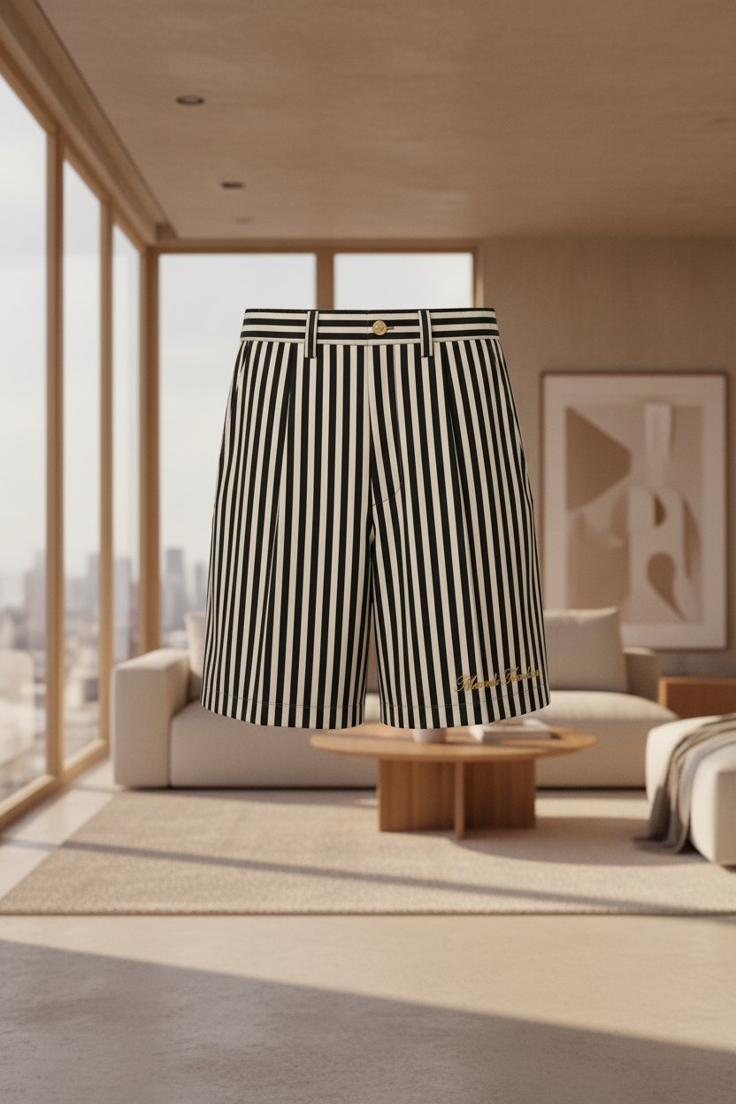 Technical pack for black and white striped shorts with details on fabric, construction, and measurements.