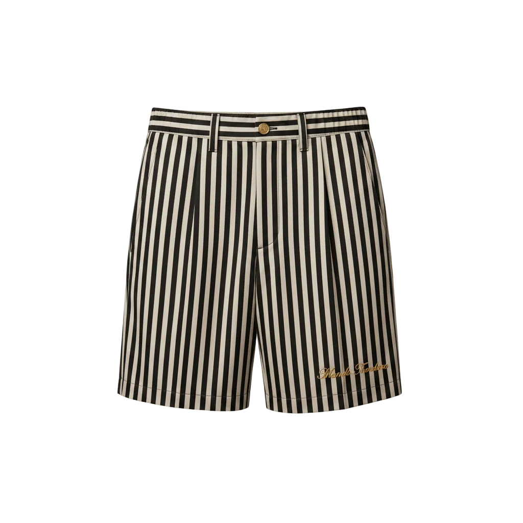 Technical pack for black and white striped shorts with details on fabric, construction, and measurements.