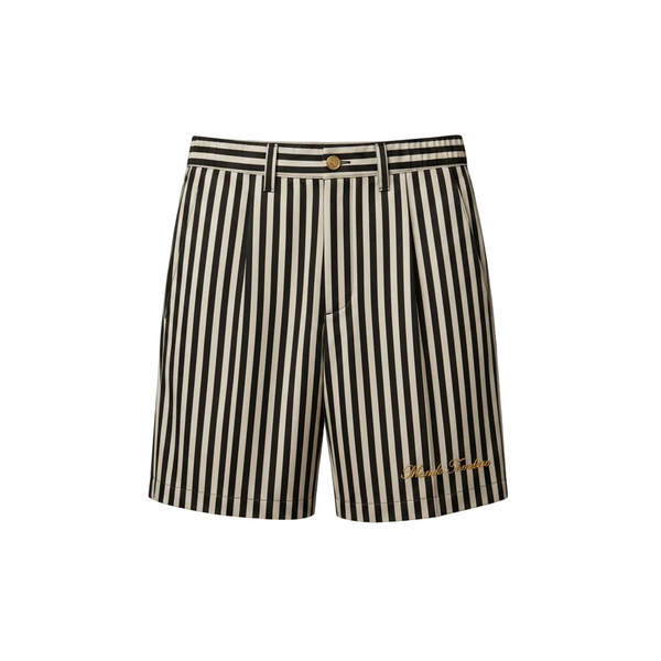 Technical pack for black and white striped shorts with details on fabric, construction, and measurements.