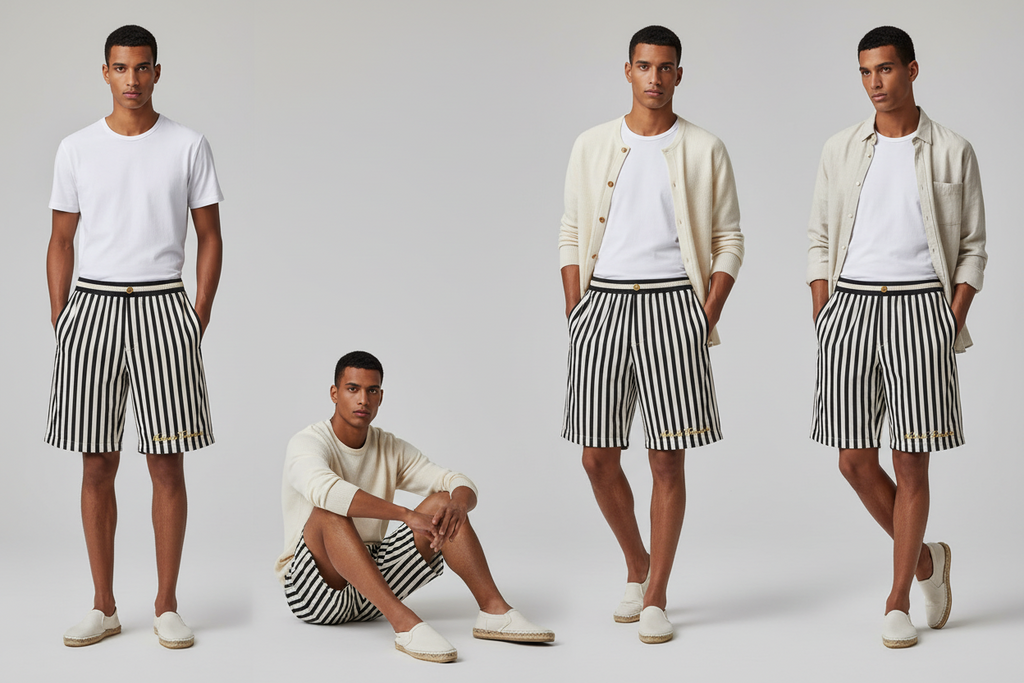 Technical pack for black and white striped shorts with details on fabric, construction, and measurements.