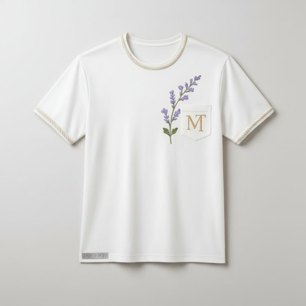 White t-shirt with floral design and monogram on a textured beige background