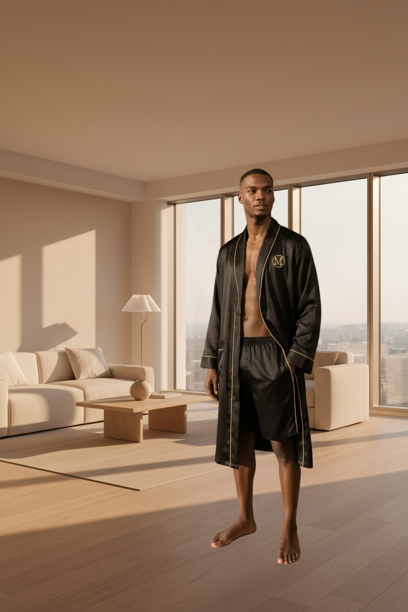 Man wearing a black robe and shorts in a room with large windows and another man in the background.