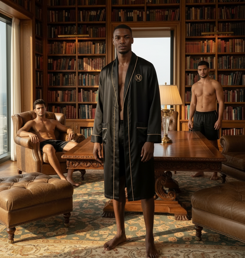 Man wearing a black robe and shorts in a room with large windows and another man in the background.