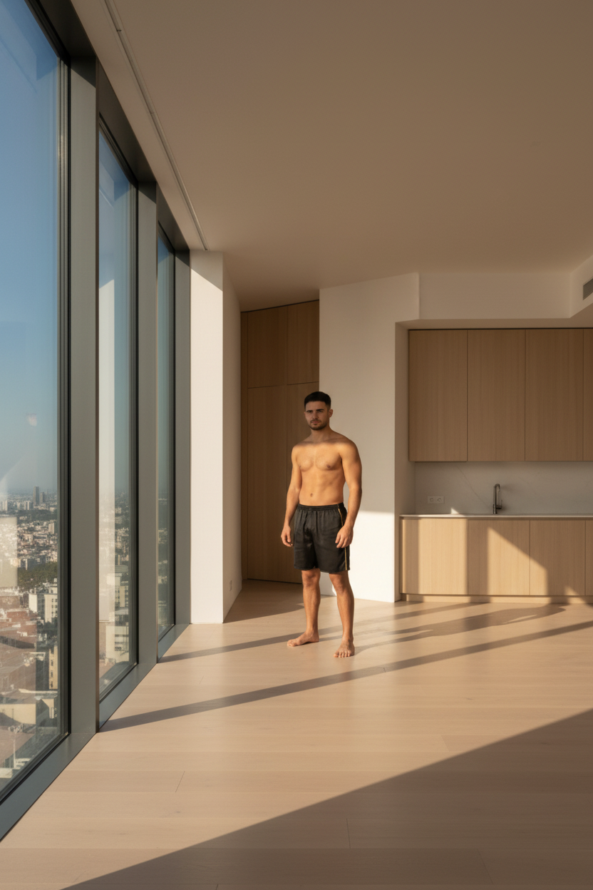 Man wearing a black robe and shorts in a room with large windows and another man in the background.