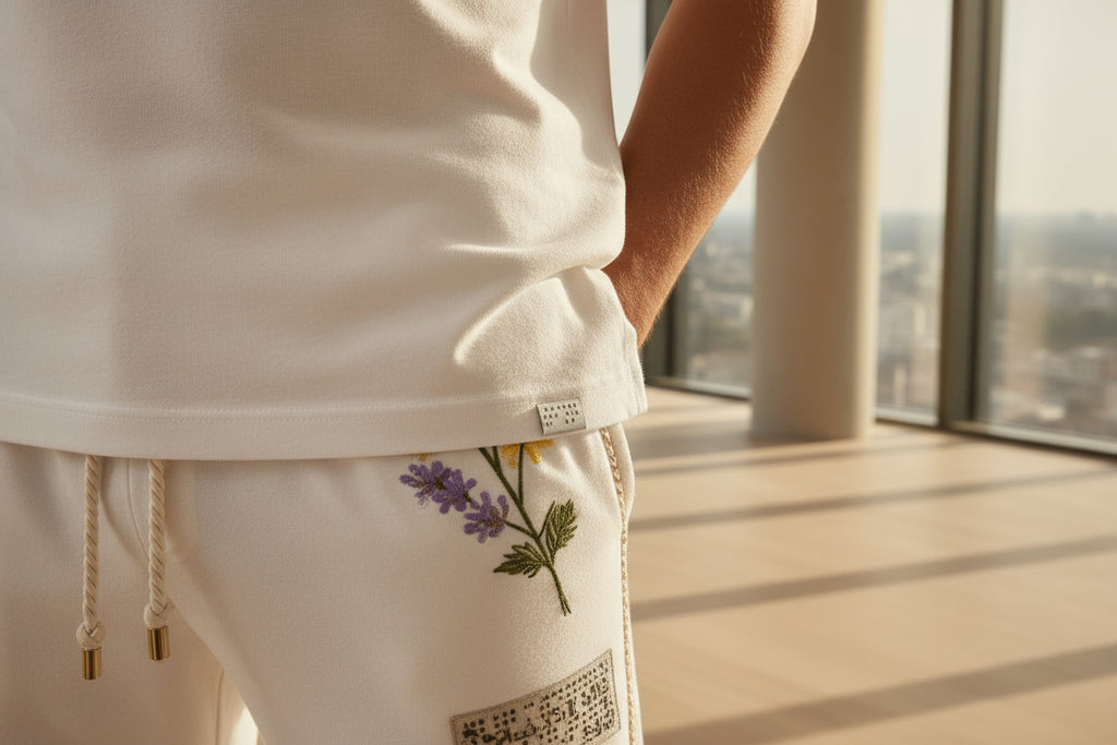 Floral-rope pajama pants, shorts, and t-shirt with color palette and details on a black background